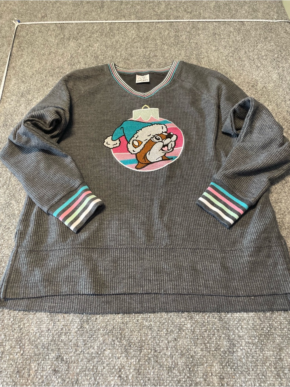 Womens Gray Holiday Ornament Graphic Sweatshirt with Striped Trim